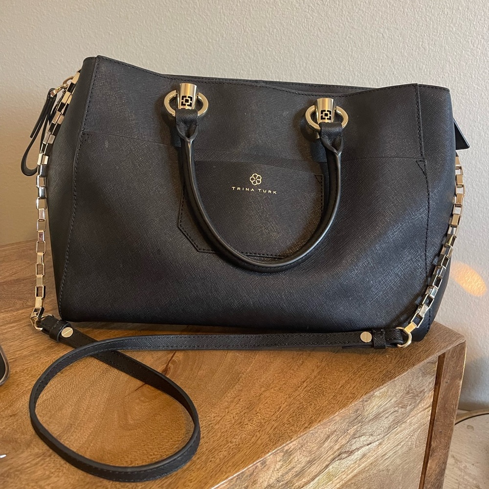 Trina Turk Large Black Leather Tote Bag